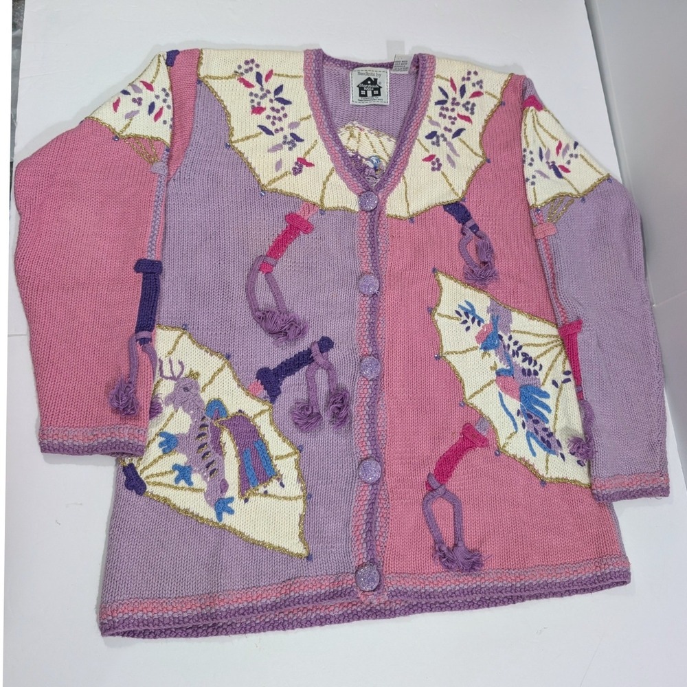 VTG Storybook Knits Parasol Cardigan Sweater Pink Purple Bead Tassels Med Granny